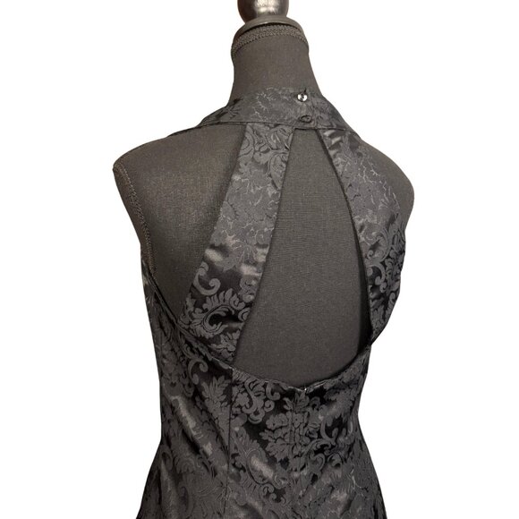 Vintage 90s Jessica McClintock Halter Mini Dress | Black Brocade Cocktail Dress - Picture 3 of 8